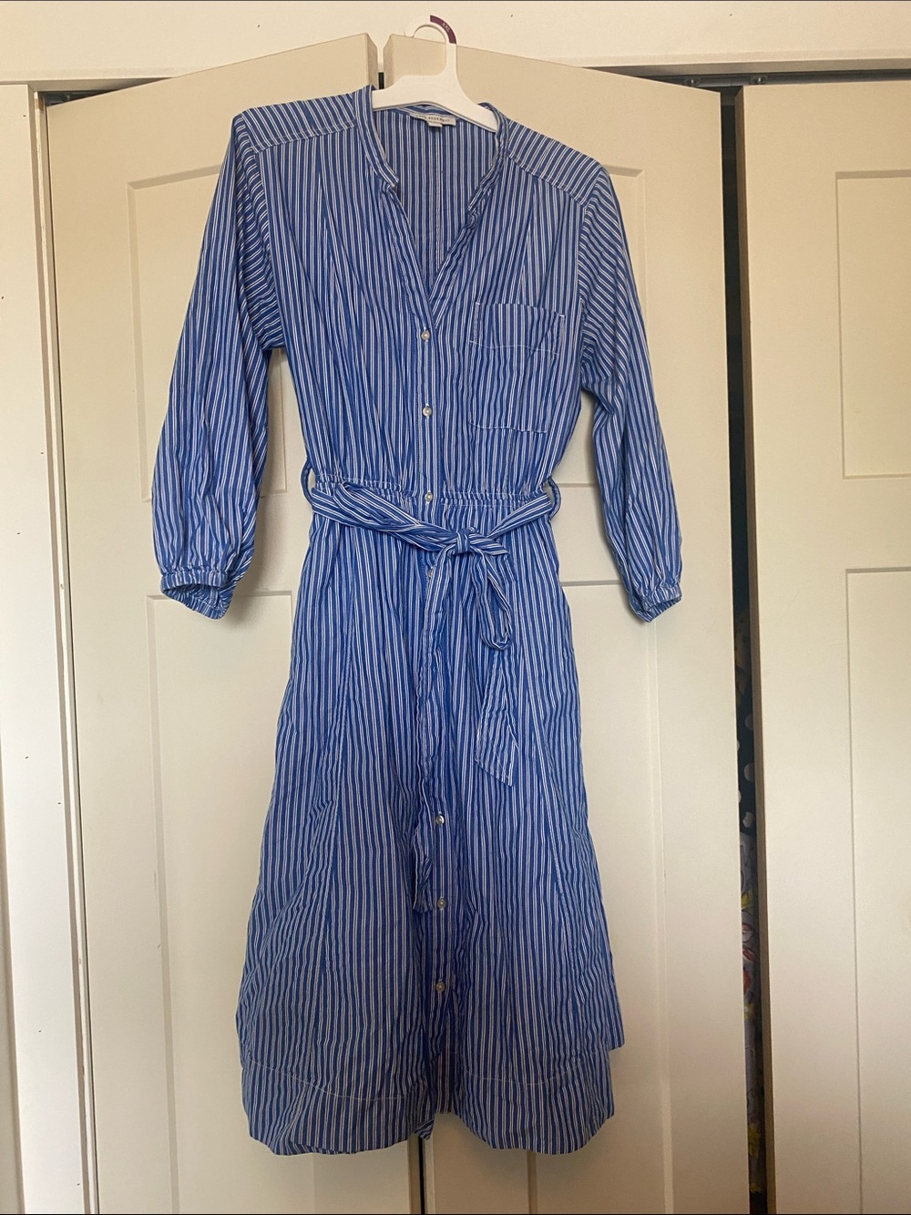 Free assembly Blue and White Striped Button-Front Maxi Dress with Self Tie